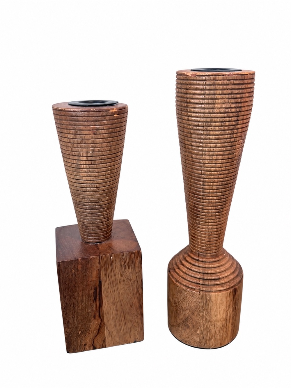 Wooden Taper Candle Holders in Natural Brown - Set of 2